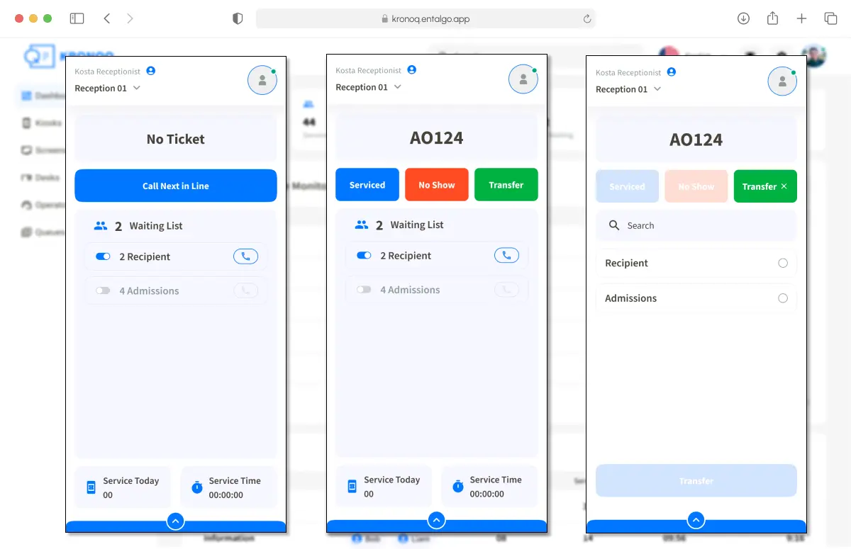 Screenshot of the KronoQ dashboard, displaying real-time queue monitoring. Below is a table for real-time queue monitoring, listing tickets, line names, desks, operators, and times. The 'Line Status' section at the bottom provides additional information on operator activity and service statistics.